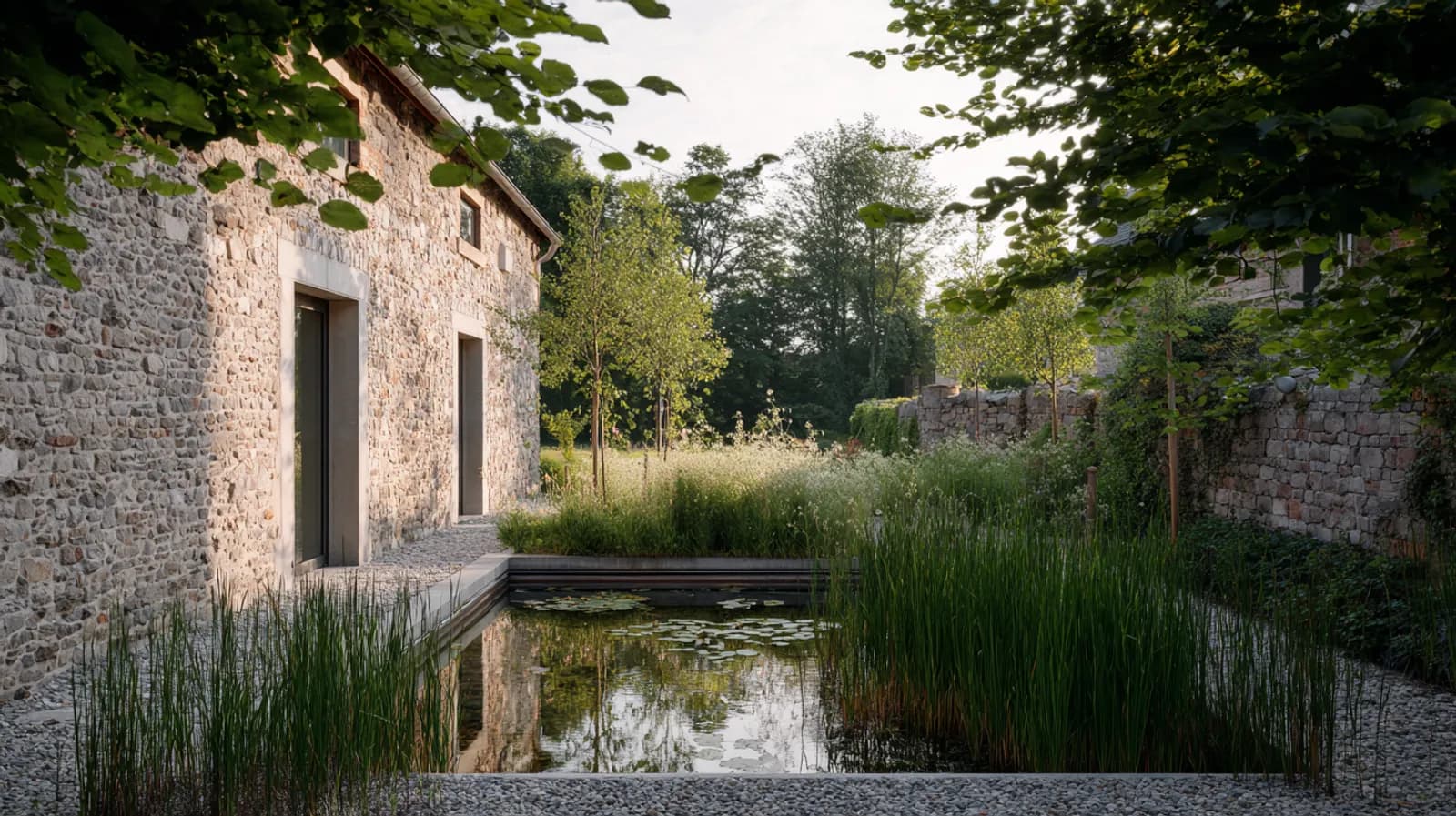 Umgebauter Natursteinhof mit naturnahem Teich und Schilfzone — Wasser als Teil des Grundstücks