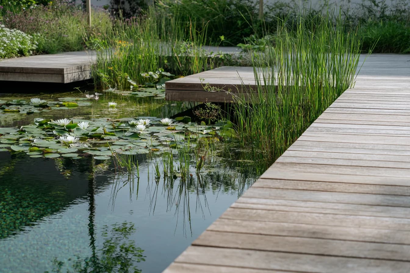 Naturpool mit klarem Wasser, Holzsteg und bepflanzter Regenerationszone — Wasseraufbereitung ohne Chemie