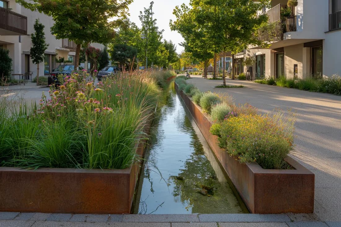 Urbane Bioswale entlang einer Wohnstraße — versickerungsaktive Pflanzrinnen nach DWA-A 138-1